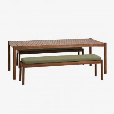 Zestaw Stołu Prostokątnego 220x100 Cm I 2 Ławek Ogrodowych Z Drewna Akacjowego Karvia Akacja Brąz & Bukla Szałwiowa Zieleń - Sklum