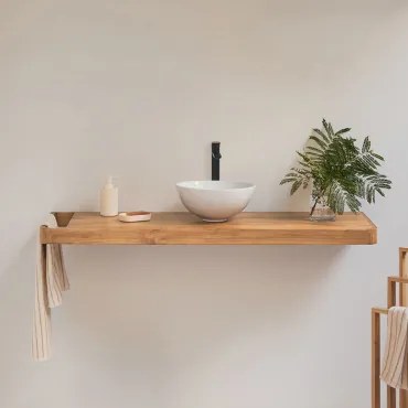 Zestaw Mebli Łazienkowych 130x45 Cm Wiszący Z Drewna Tekowego Neill Drewno Tekowe & Bezlusterkowiec & Czarny Matowy ↑30 Cm Z Zaworem Spustowym Bez Prz
