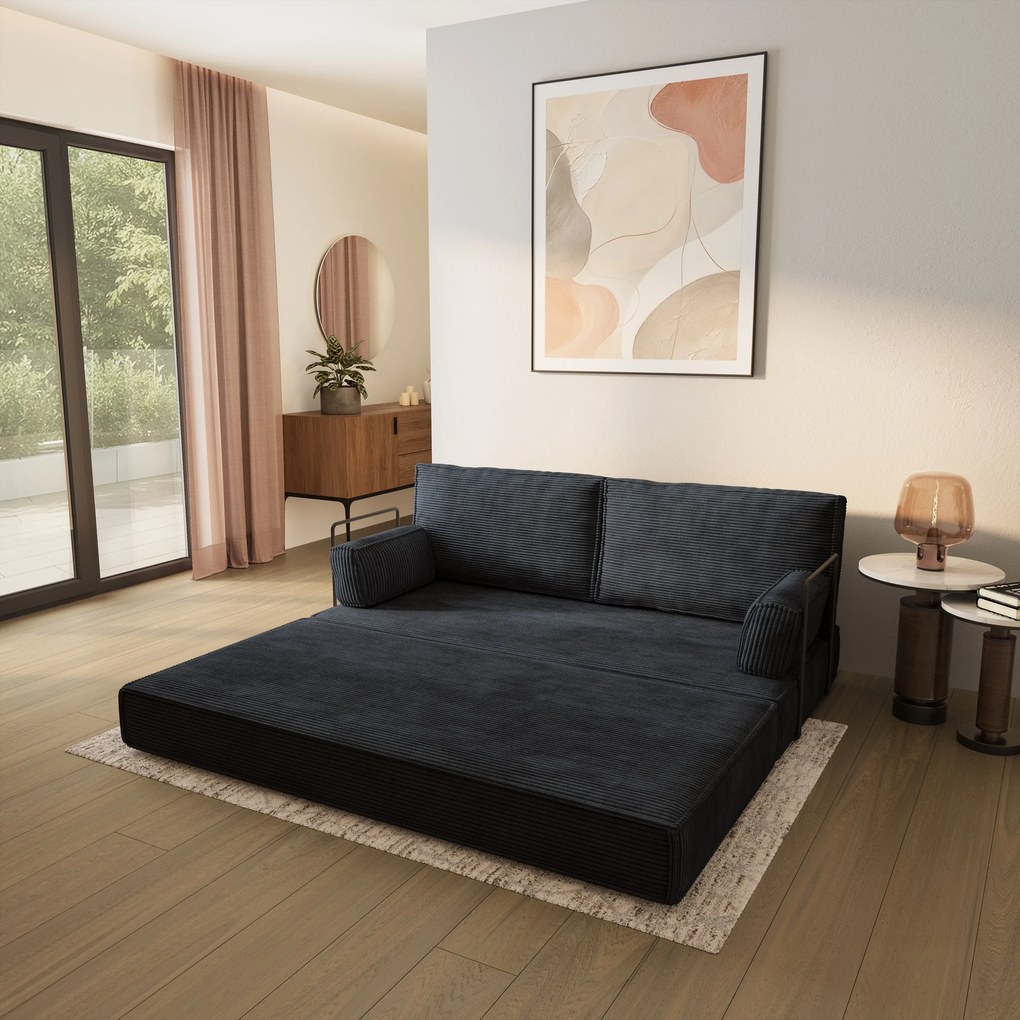 Masseno Sofa piankowa SILAR z funkcją spania, Kanapa z pianki do salonu, Bezmontażowa, Tkanina sztruksowa – Czarny POSO 135