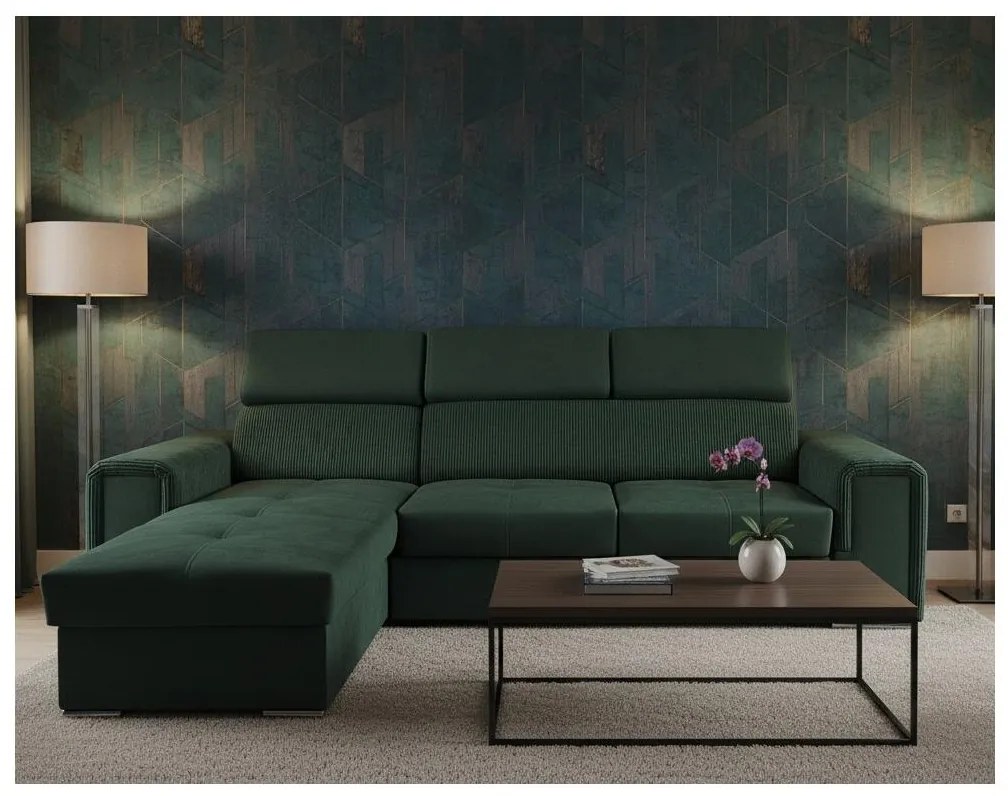 Uniwersalna narożna rozkładana sofa w kształcie L z pojemnikiem SALVADA zielona