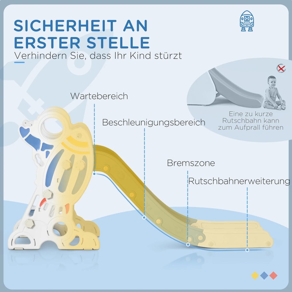 AIYAPLAY Zjeżdżalnia dla dzieci w wieku 1,5-3 lat, design rakietowy, zestaw naklejek, niebieski, 157 x 46,5 x 80 cm