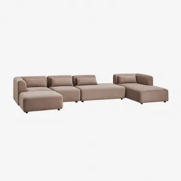 Sofa Modułowy Z Prawym Szezlongiem, 4 Części, Z Otomanką I Pufem Fogler Sztruks Brąz Karmelowy - Sklum