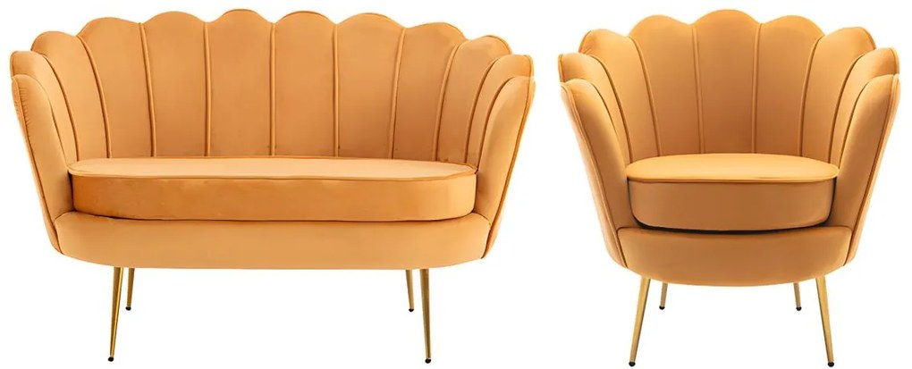 Zestaw kanapa 2-osobowa i fotel w kształcie muszli z żółtego musztardowego weluru DANDELION