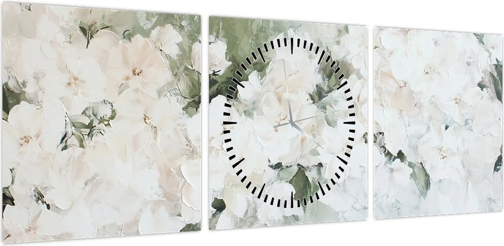 Obraz - Abstrakcja białych kwiatów (z zegarem) (90x30 cm)