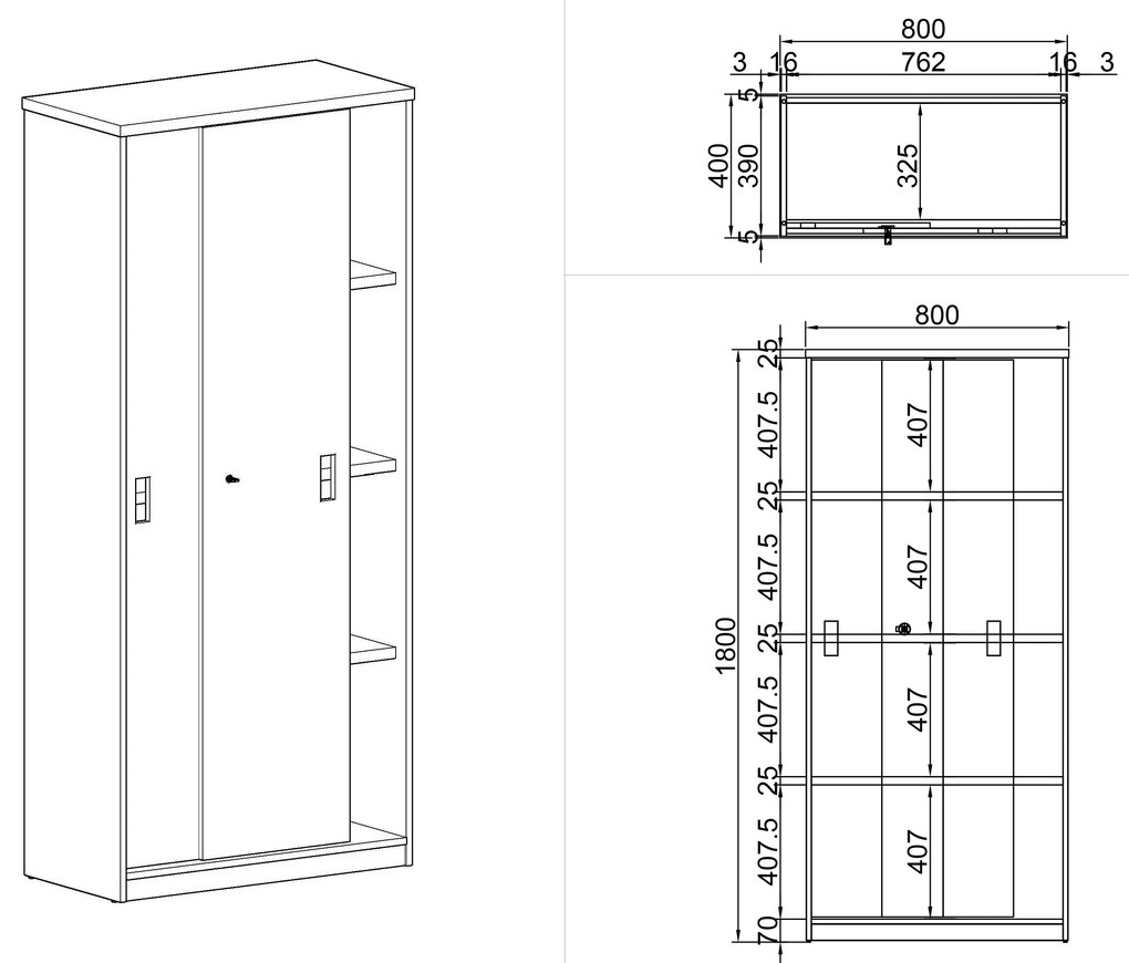 Szafa przesuwna MIRELLI A+, 800 x 400 x 1800 mm, brzoza