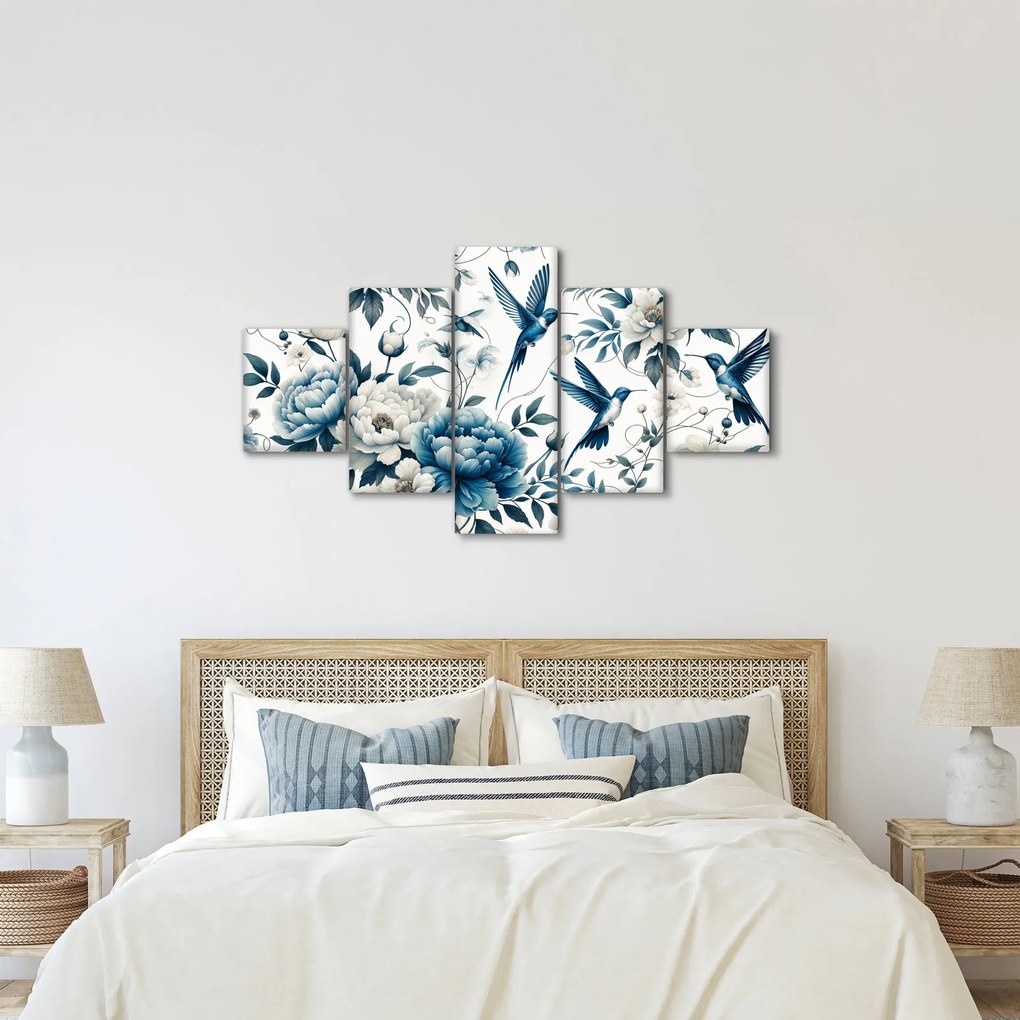 Obraz - Kolibry z kwiatami (125x70 cm)