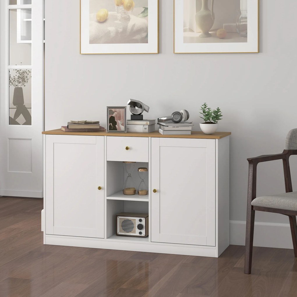 HOMCOM Komoda Kuchenna, Sideboard z Szufladą, Szafkami, Półkami, Płyta Wiórowa, Biała
