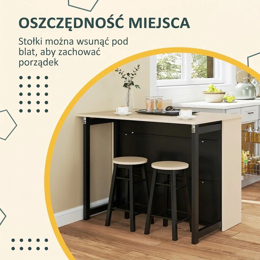 HOMCOM 3-cz. Zestaw Barowy, Bartisch ze Składanym Blatem, 2 Stołki Barowe, 6 Schowków, Czarny+Dąb, 116 x 70 x 89,5 cm