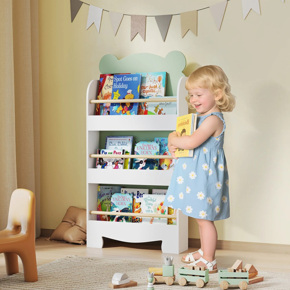 AIYAPLAY Regał na książki dla dzieci, 3-poziomowy regał z motywem misia do książek i zabawek, 55 x 15 x 110 cm, zielony | Aosom PL