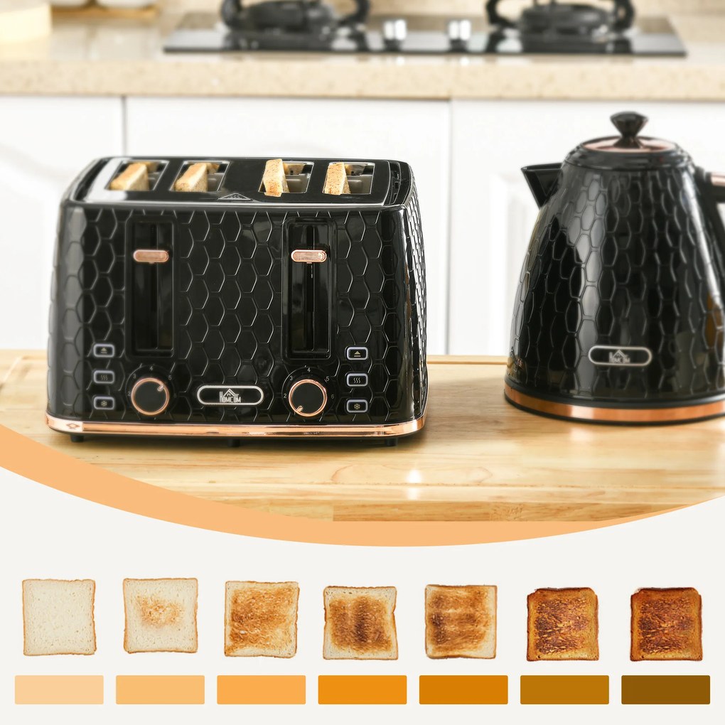 HOMCOM Zestaw kuchenny 2-w-1, toster i czajnik, kilka opcji, 1,7 L, 4 kromki jednocześnie, plastikowy, czarny