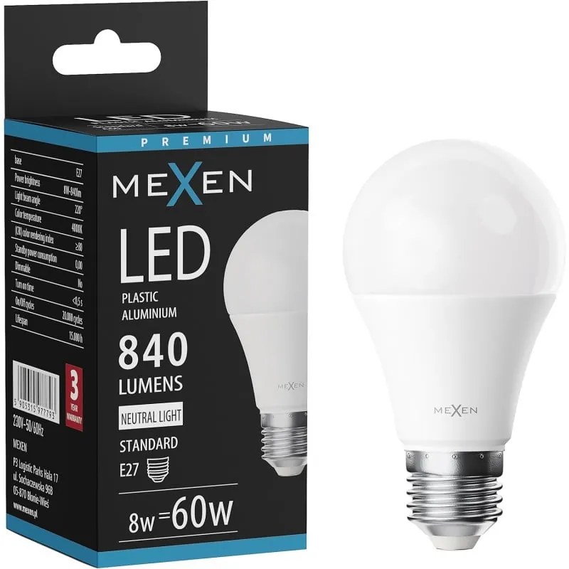 Mexen Nova żarówka LED E27, A60, 8W, Neutralna - 4000K, 840 lm - L100-E27-0840-01