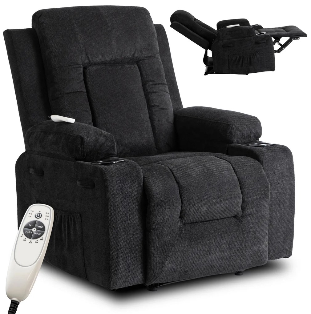 Fotel Masujący BOX 2 Rozkładany z Podnóżkiem Czarny Nowoczesny