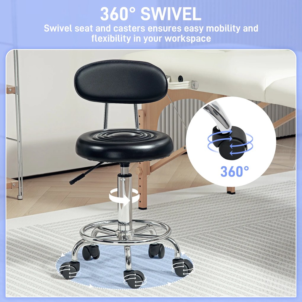 HOMCOM Obrotowy i Regulowany Taboret z Oparciem, Pokrycie z Ekoskóry, Podnóżek, do Stołów Fryzjerskich, Czarny