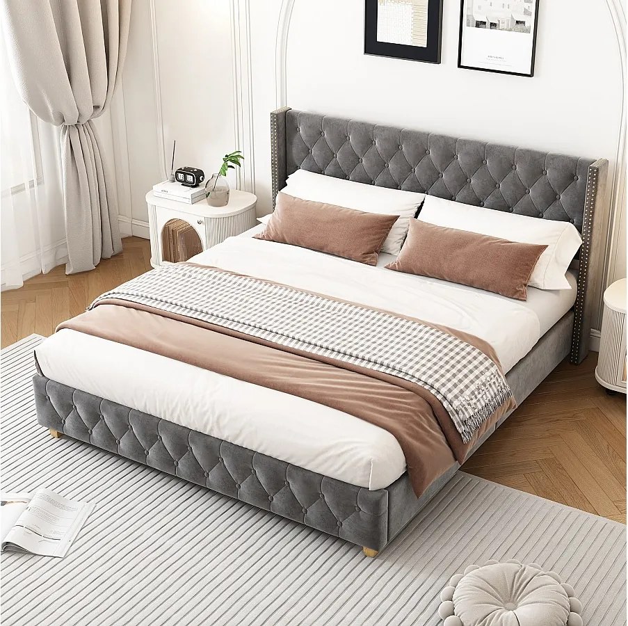 Łóżko tapicerowane 180 x 200 cm z wezgłowiem, łóżko dla dorosłych z aksamitu, zdobione guzikami i nitami, szare