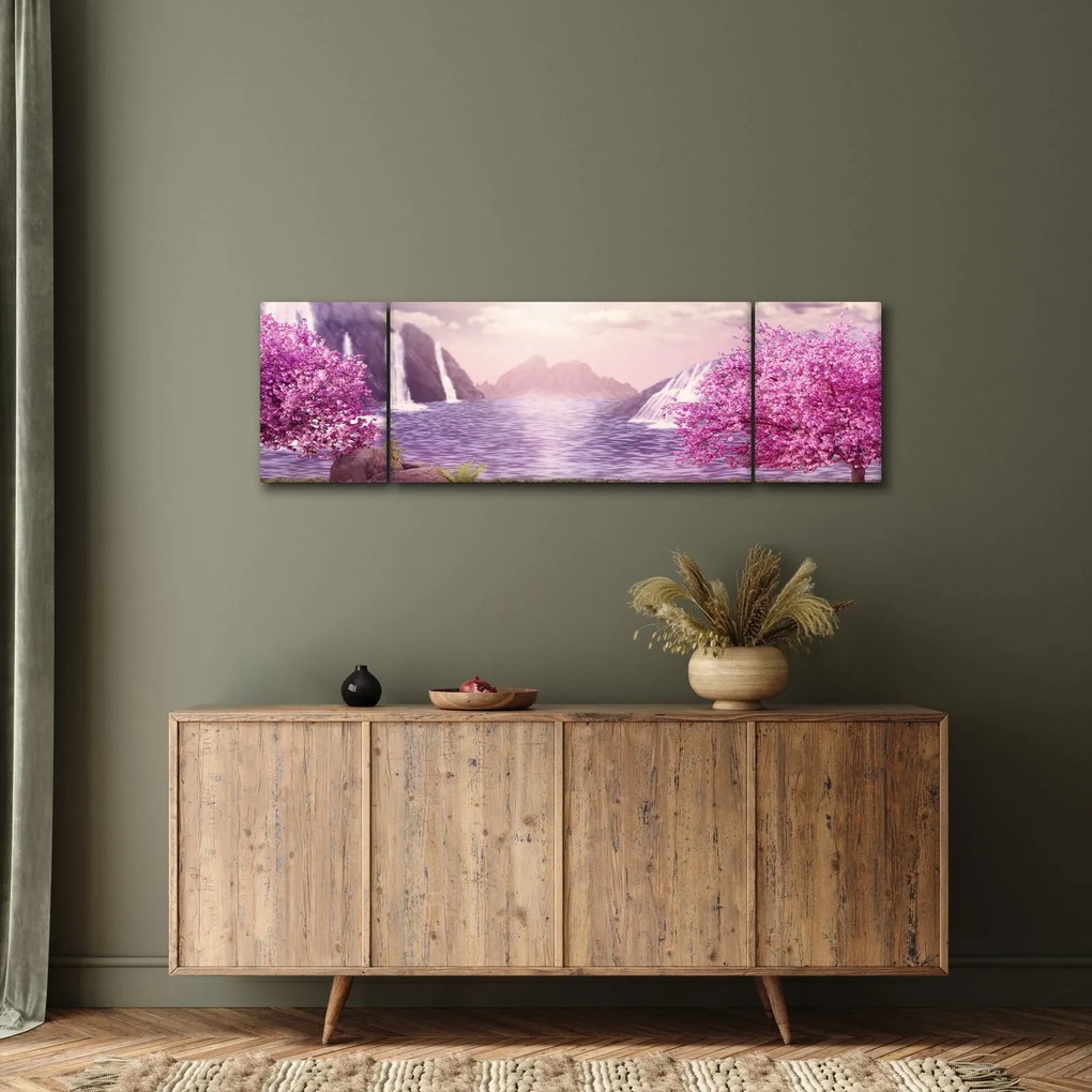 Obraz różowych drzew z jeziorem (170x50 cm)
