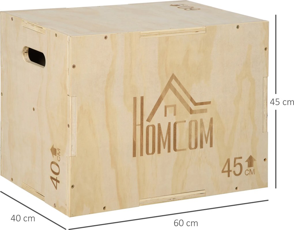 HOMCOM Plyo Box, skrzynia do skoków z drewna, platforma plyometryczna z uchwytem do domu, 45 x 40 x 60 cm, naturalne drewno