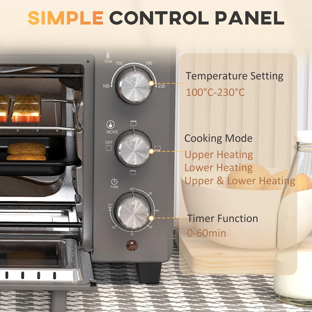 HOMCOM Minipiekarnik, 21 L Piekarnik tosterowy z 1 rusztem i 1 blachą, 3 tryby gotowania, 100 °C-230 °C, Stal nierdzewna, Szkło, Szary