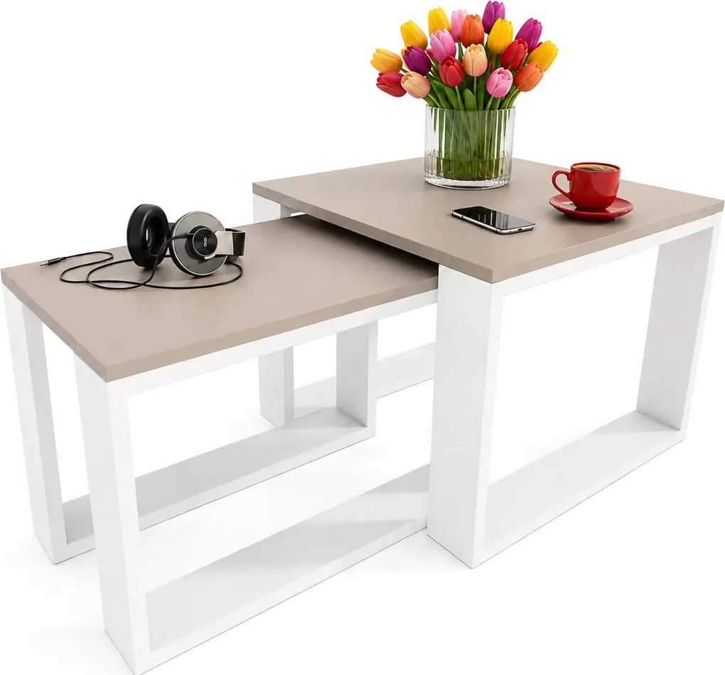 Zestaw minimalistycznych stolików do salonu kaszmir + biały K8-W57
