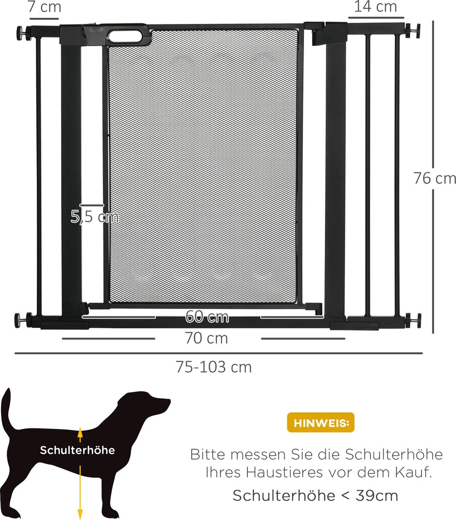 PawHut Brama schodowa zabezpieczająca dla zwierząt, Bramka dla psów, regulowana od 75 cm - 103 cm, Czarny