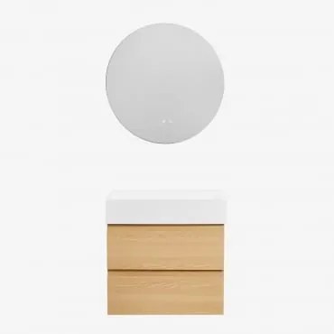Zestaw Wiszących Mebli Łazienkowych Z Drewna I Forniru Jesionowego Zintegrowany Z Umywalką Ona Naturalna & Okrągła - Sklum