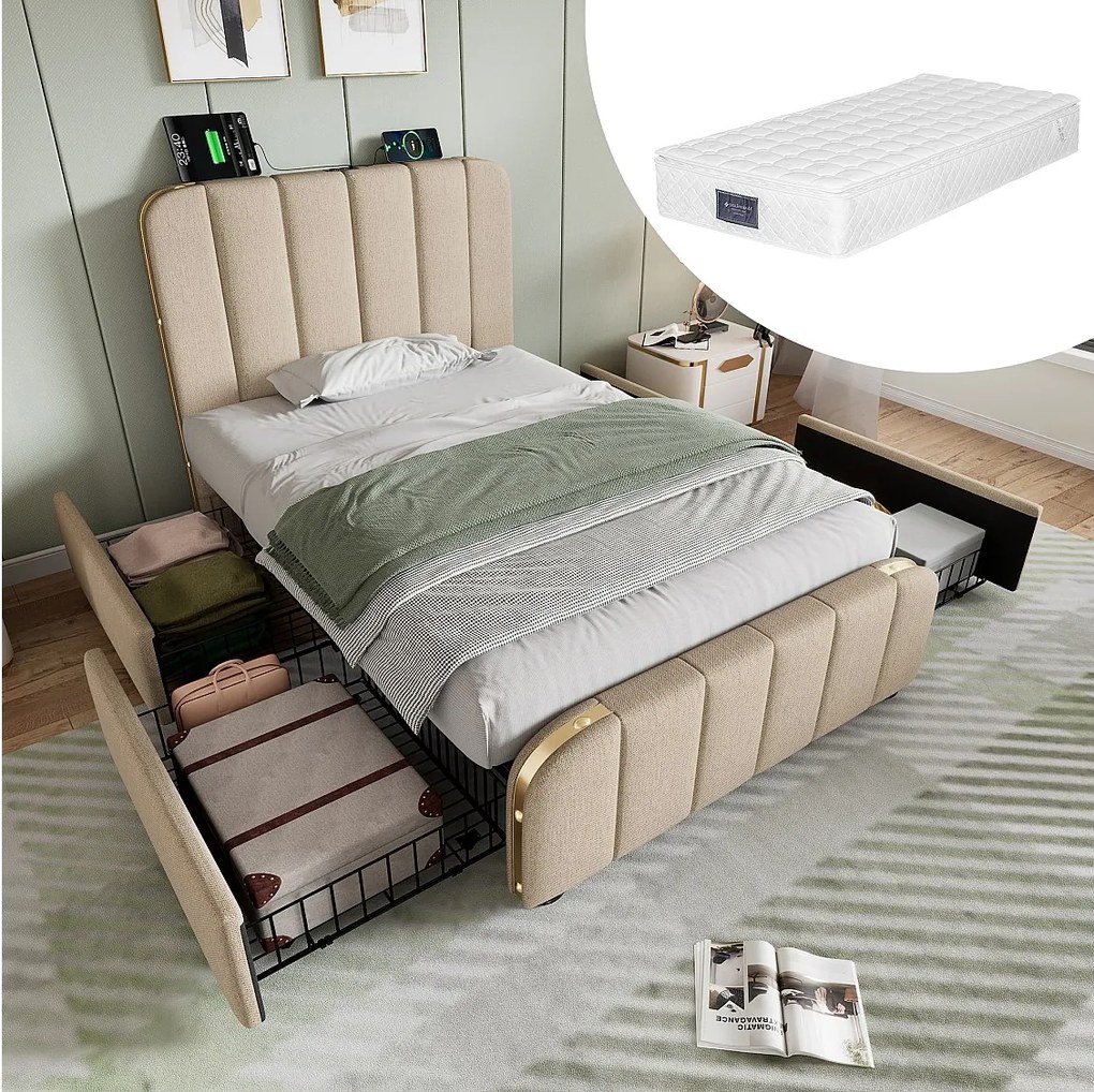 Łóżko dziecięce z pojemnikiem na pościel - 90 x 200 cm - Materac + 4 szuflady + Zagłówek z USB - Tkanina lniana - Beżowy