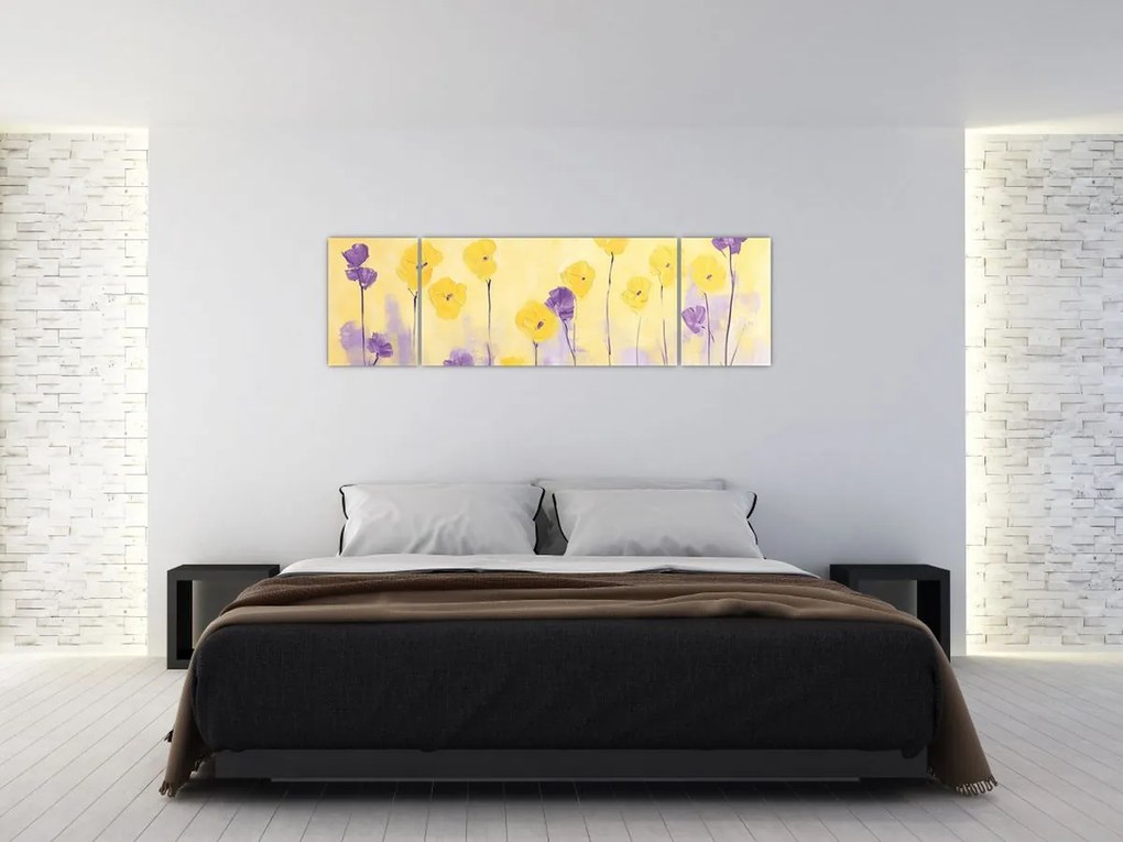 Obraz - Fioletowe i żółte kwiatuszki (170x50 cm)