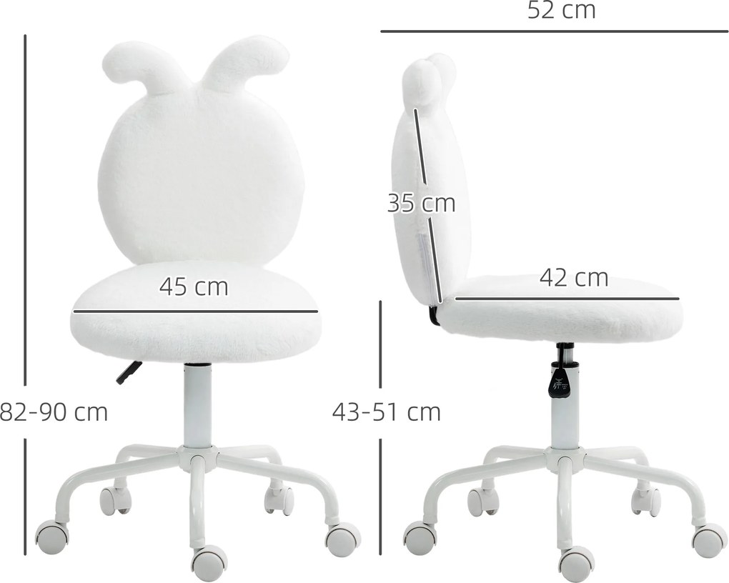 HOMCOM Krzesło Obrotowe z Uszami Królika, Biurowe na Kółkach, z Sztucznego Futra, Białe