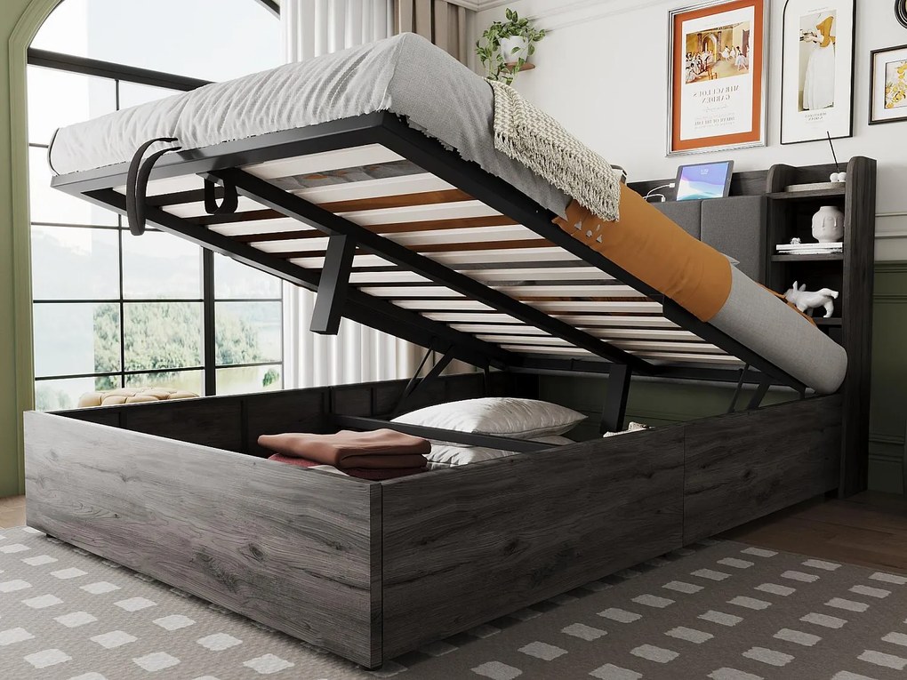 Łóżko z pojemnikiem z drewna 140×200 cm - zagłówek ze schowkiem - z portami USB + Type-C - szare (materac nie jest dołączony)