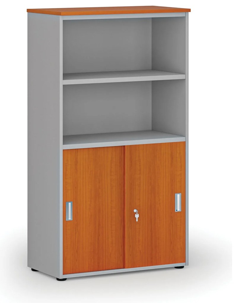 Szafa biurowa kombinowana PRIMO GRAY, drzwi przesuwne na 2 poziomach, 800 x 420 x 1434 mm, szary/wiśnia