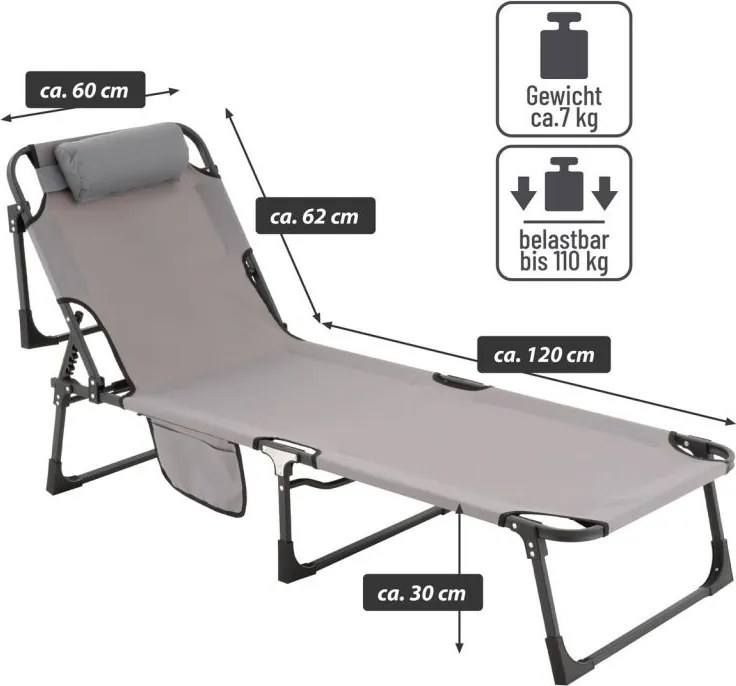 Składana leżanka, szara, poliester, wymiary: 182 x 60 x 30cm