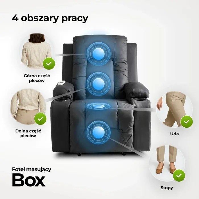 Fotel Masujący BOX Rozkładany Wypoczynkowy z Podnóżkiem Czarny Ekoskóra Nowoczesny