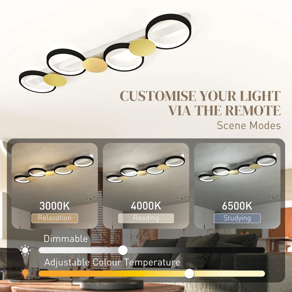 HOMCOM Lampa sufitowa LED 38W 1500LM 3000K-6500K lampa do salonu z 4 żarówkami pilot Czarny+Złoty