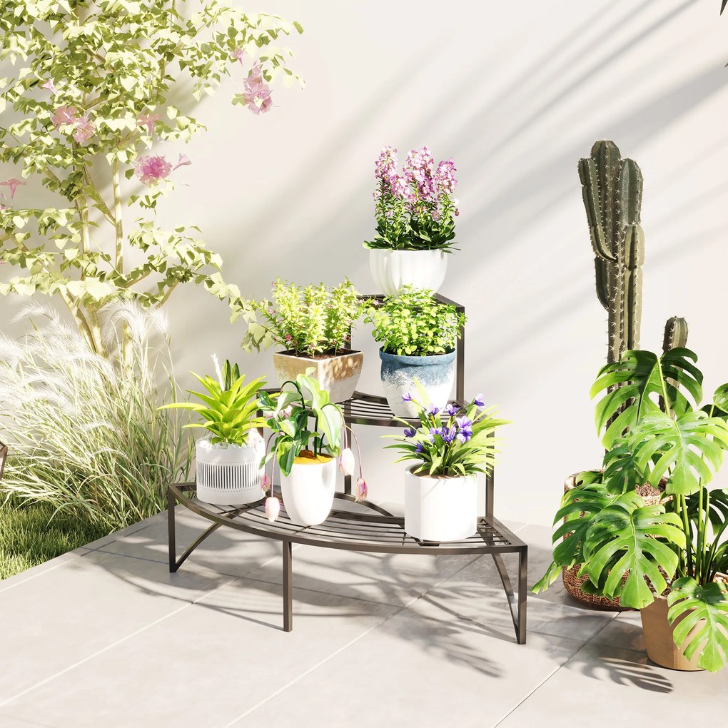 Outsunny Narożny Stojak na Rośliny, Kwietnik 3-poziomowy, Metal, Do Wnętrza i Na Zewnątrz, Stojak na Doniczki, Czarny