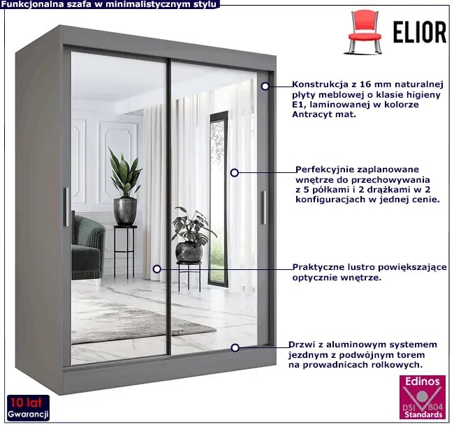 Antracytowa szafa przesuwna z lustrem 150 cm - Kukkin 4X