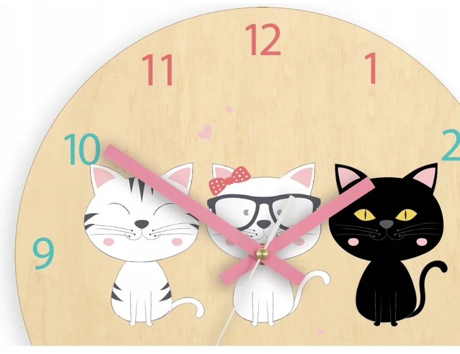 Zegar na ścianę cichy do pokoju dziecięcego drewniany nowoczesny kotki meow