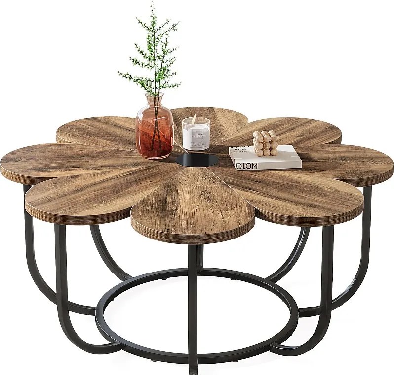 Brązowo-czarny stolik kawowy, 100 cm nowoczesny stolik boczny z drewnianym blatem w kształcie kwiatka i metalową ramą do salonu i sypialni