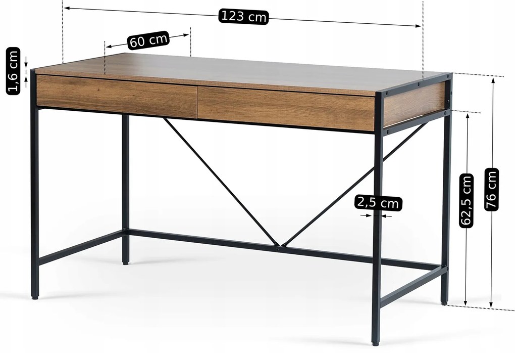 Biurko do Gabinetu z Szufladami ALLY 123 cm Orzech/Czarny Nowoczesne Loft