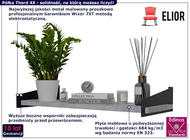 Nowoczesna półka ścienna czarny + beton - Thord 4X