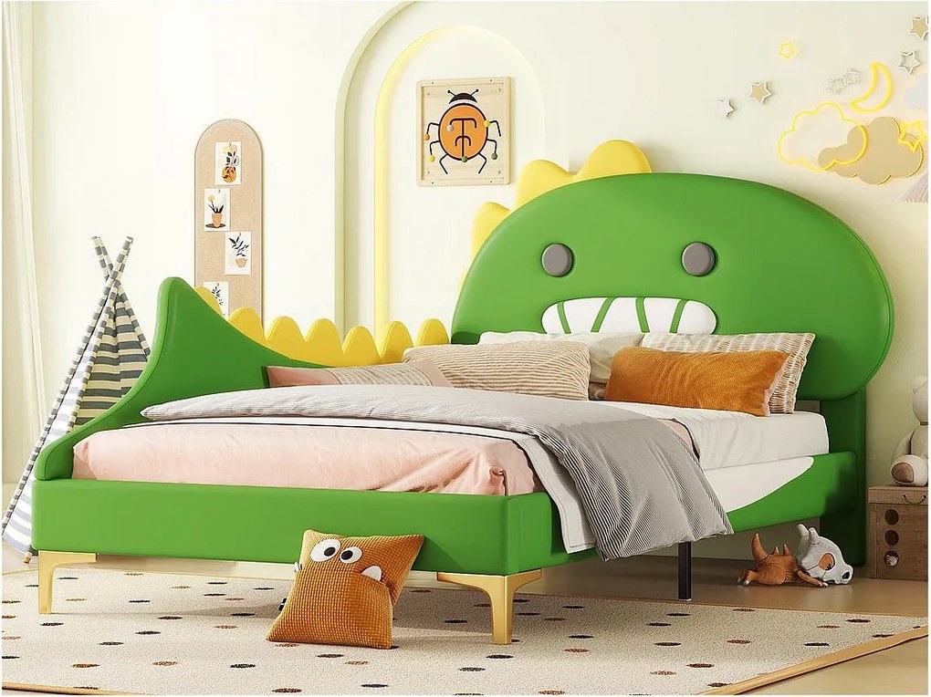 Łóżko dziecięce 90x200 cm - w kształcie dinozaura - z ekoskóry - Zielone