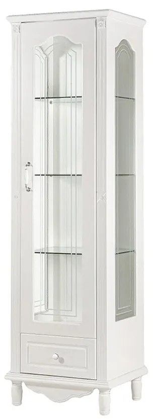 Stylowa witryna do salonu Elisabeth, wymiary 60x48x200 cm. 1-drzwiowa witryna szklana prawostronna, szuflada i szklane półki. Meble Victoria.