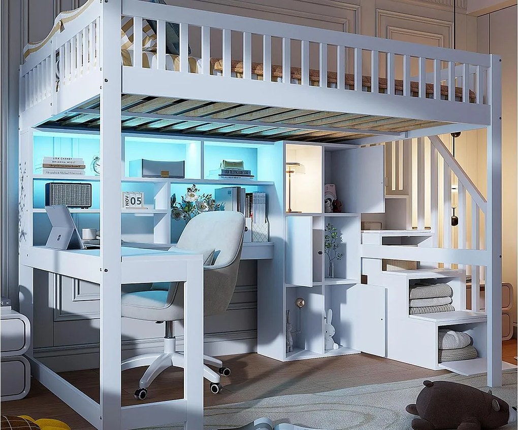 Łóżko piętrowe 140×200 cm - z oświetleniem LED - ze schodami ze schowkiem - z półkami - z biurkiem - Białe (materac nie jest zawarty)