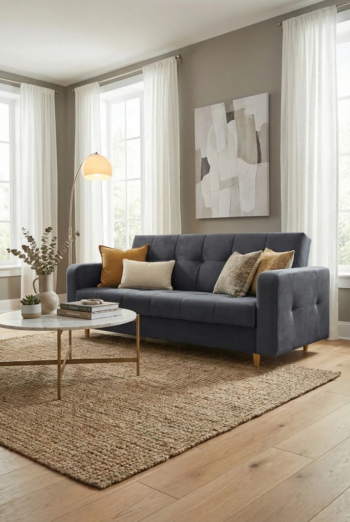 Stalowa welurowa kanapa rozkładana typu wersalka T6-F01