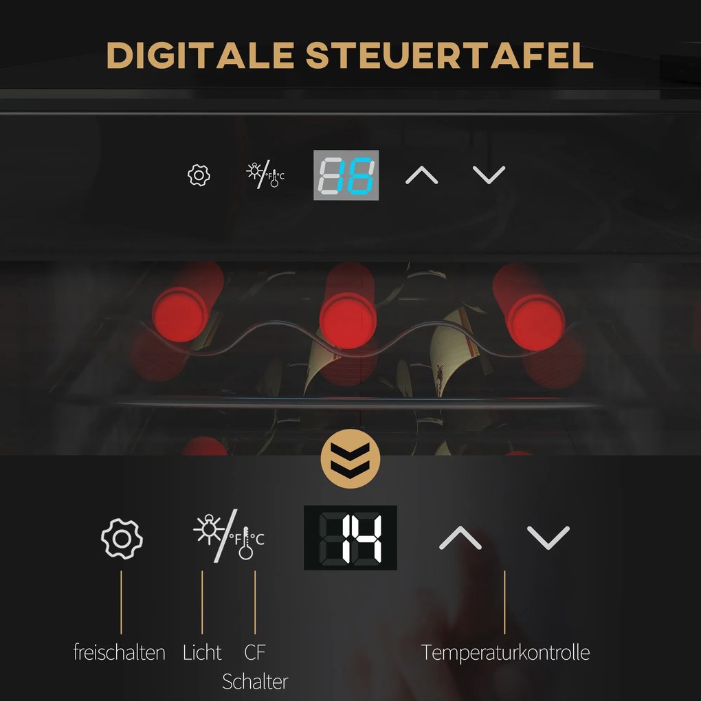 HOMCOM Lodówka na Wino, Cicha, 5-18°C, Dotykowy, Oświetlenie, 34,5x45x78cm, Czarna