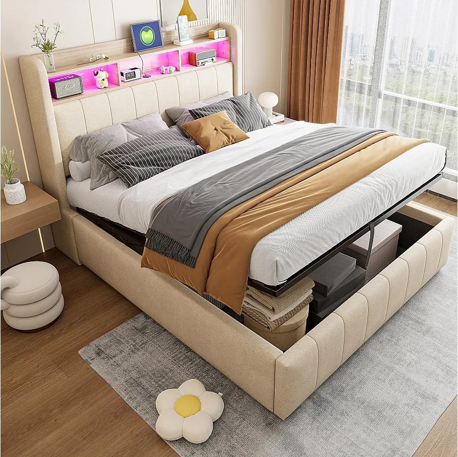 Łóżko ze schowkiem 140x200 cm - len beżowy - łóżko małżeńskie z oświetleniem LED i ładowaniem USB - bez materaca