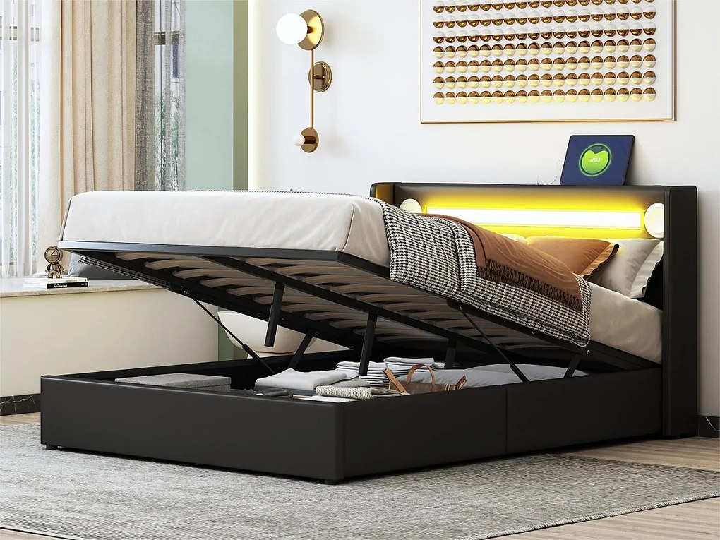 Łóżko z tapicerowanym zagłówkiem z ekoskóry 140x200cm z LED, odtwarzaczem Bluetooth i portami USB - z stelażem na listwy - Czarne