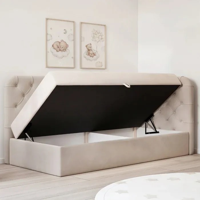 Łóżko Tapicerowane 120x200 cm VELA Młodzieżowe Prawostronne Beżowe Glamour