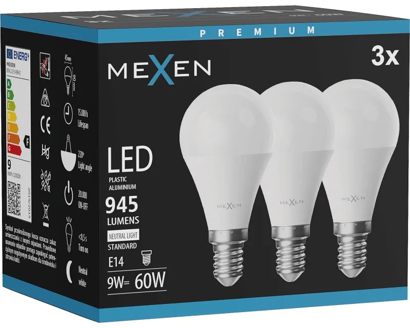 Mexen Nova 3x żarówka LED E14, G45, 9W, Neutralna - 4000K, 945 lm - L101-E14-0940-01x03