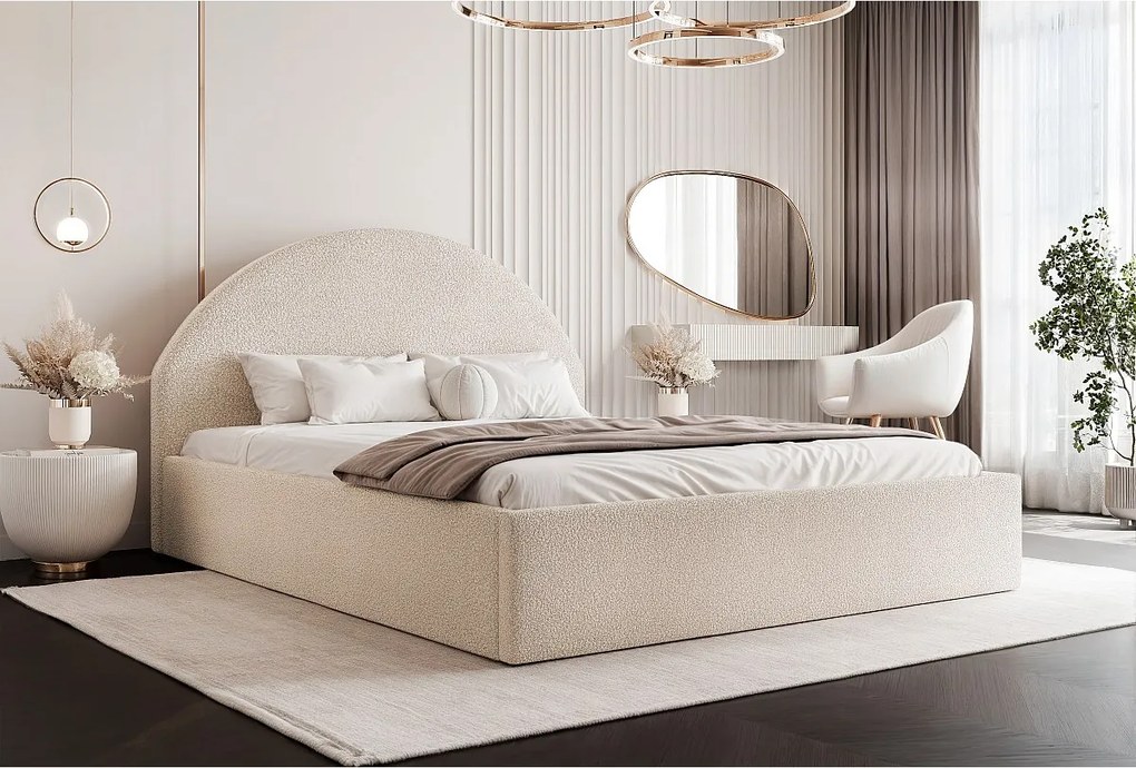 BESILIO Łóżko tapicerowane Boucle 180x200 Velora- stelaż listwowy, wezgłowie, pojemnik, łóżko slim - Kremowy