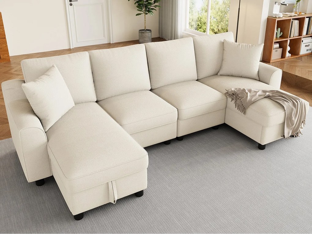 Nowoczesna sofa narożna w kształcie U 280×137×84 cm - zawiera dwie poduszki - z miejscem do przechowywania - tkanina chenille - beżowa