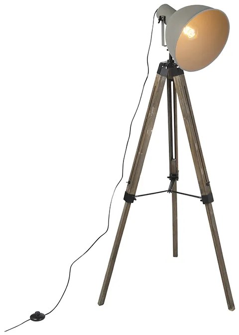 Lampa podłogowa w stylu industrialnym na drewnianym trójnogu z szarym kloszem - LaosPrzemysłowy Oswietlenie wewnetrzne